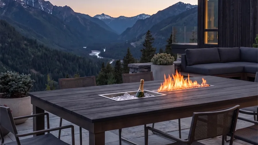 Aluminiumtisch "Fire & Ice", Tischplatte Holzoptik